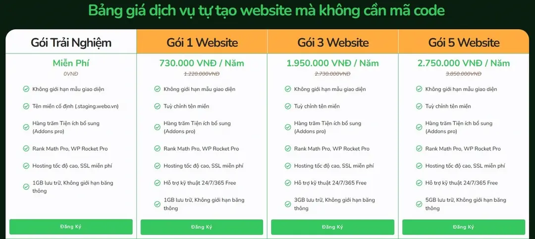 Chi Phí & Các Gói Dịch Vụ Tạo Web Webo Linh Hoạt