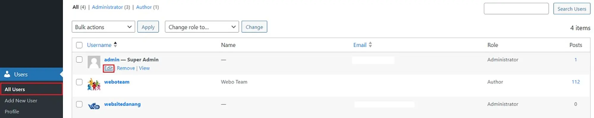 Chỉnh sửa thông tin người dùng WordPress trong mục "Edit"