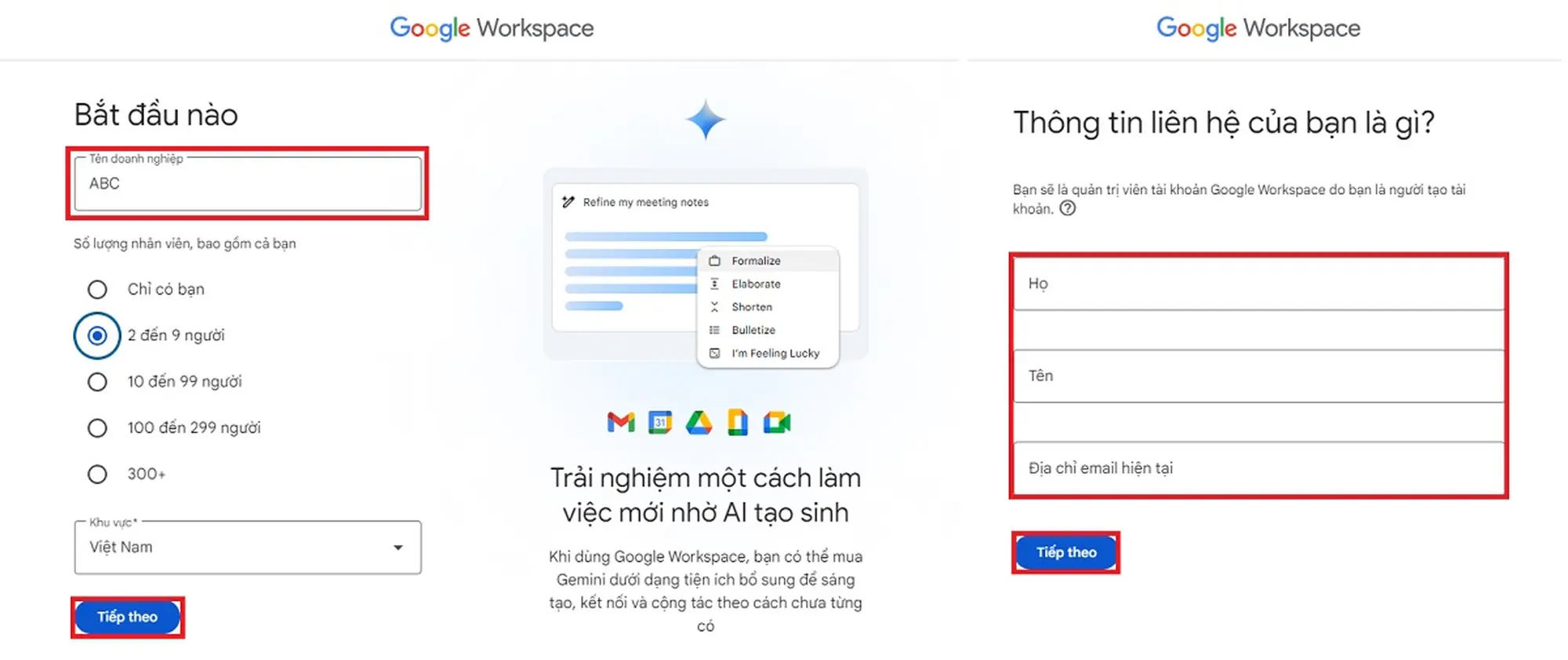 Nhập đầy đủ thông tin doanh nghiệp và thông tin liên hệ vào biểu mẫu Google Workspace để tiến hành tạo email theo tên miền công ty