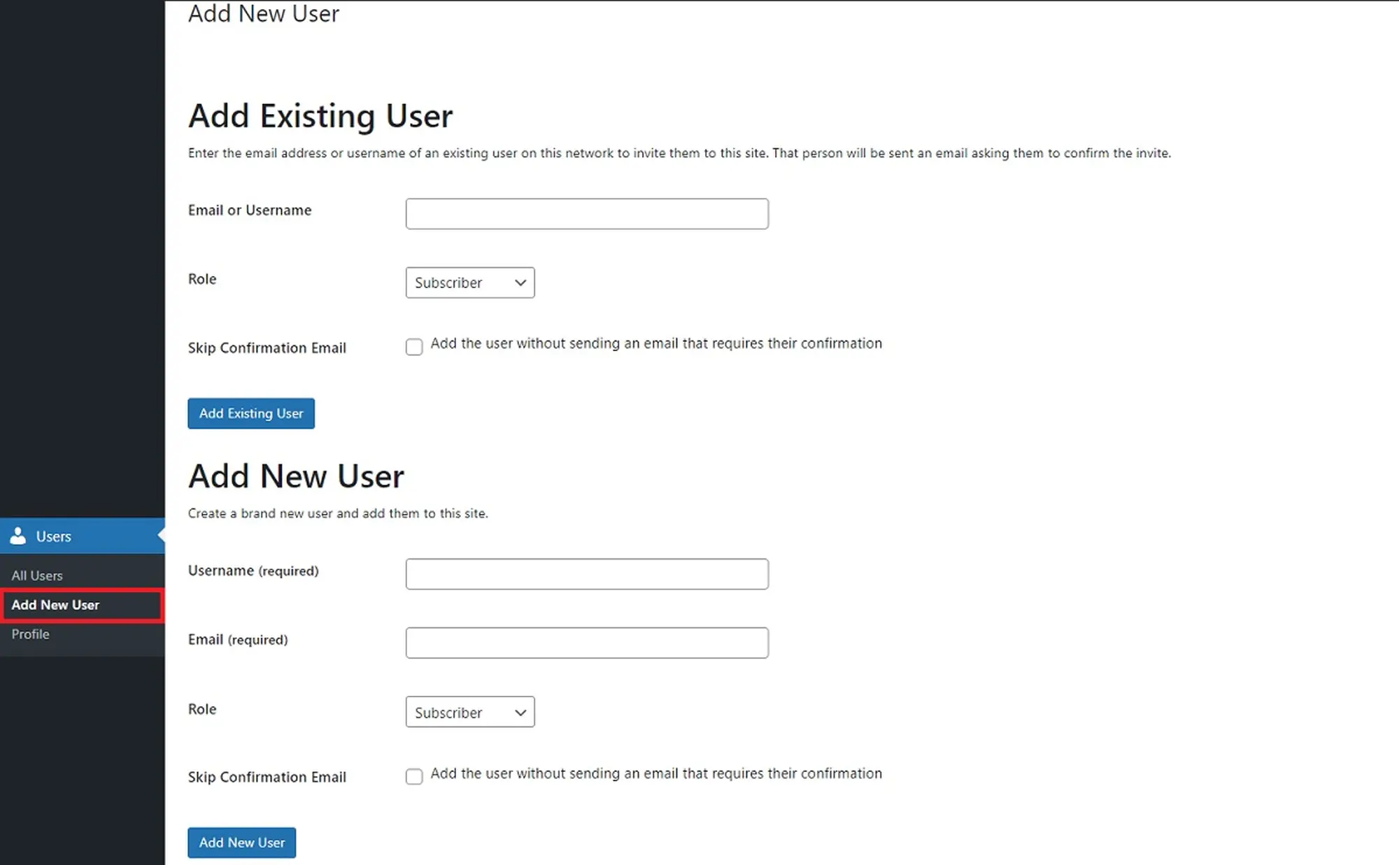 Điền đầy đủ thông tin tạo tài khoản người dùng trong WordPress và bấm Add New User