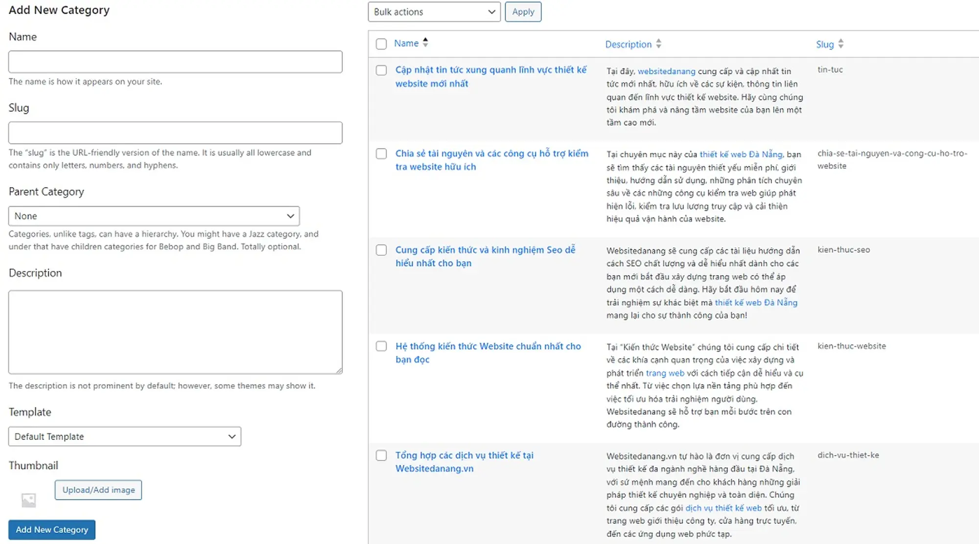 Nhập đầy đủ và chính xác thông tin để tạo một Category mới trong WordPress