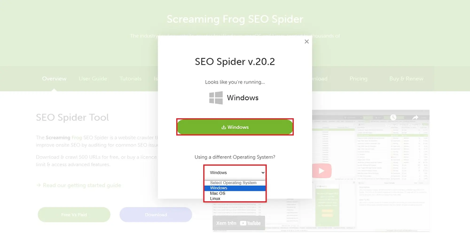 Nhấn chọn hệ điều hành tương ứng và tải phần mềm Screaming Frog về thiết bị