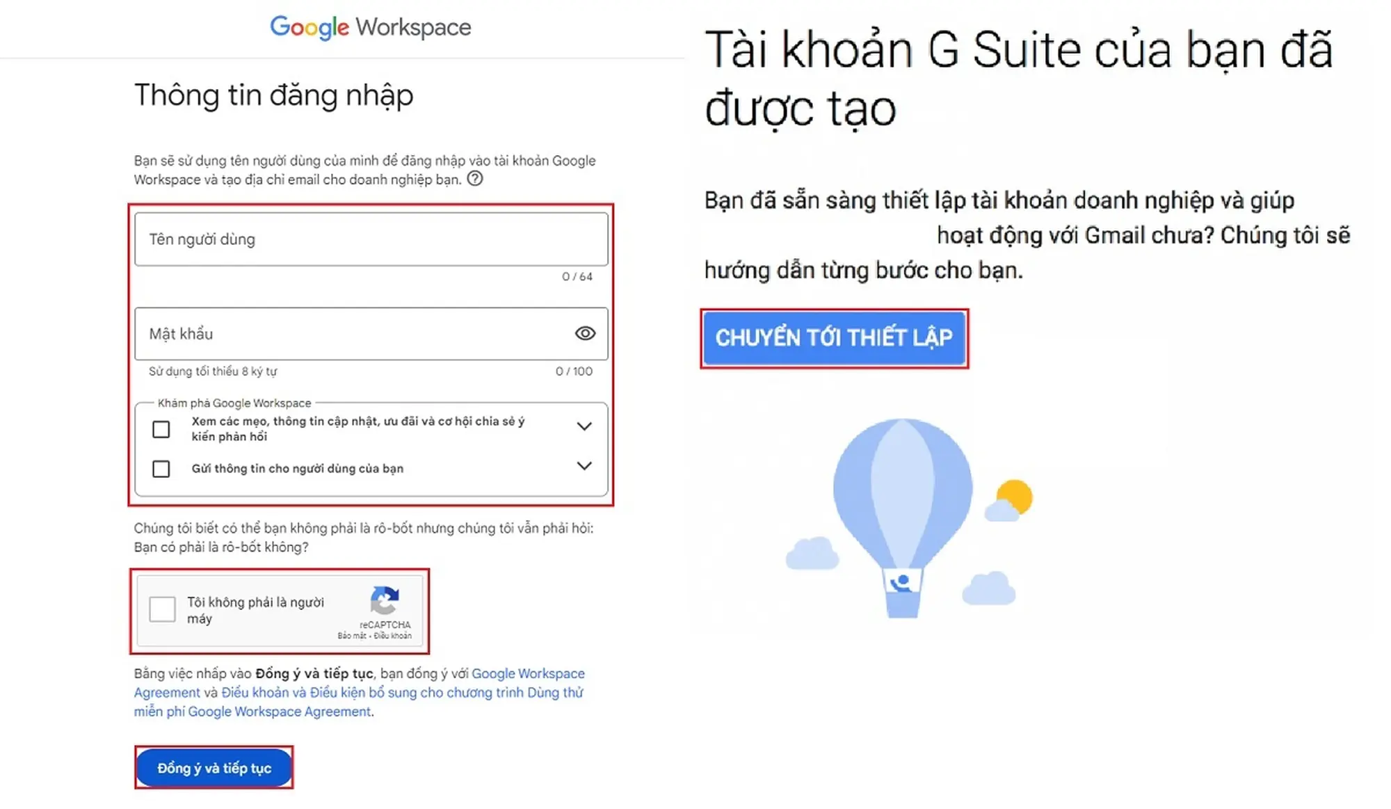 Nhập đầy đủ thông tin và hoàn tất thiết lập tài khoản quản trị viên cho các email theo tên miền của doanh nghiệp
