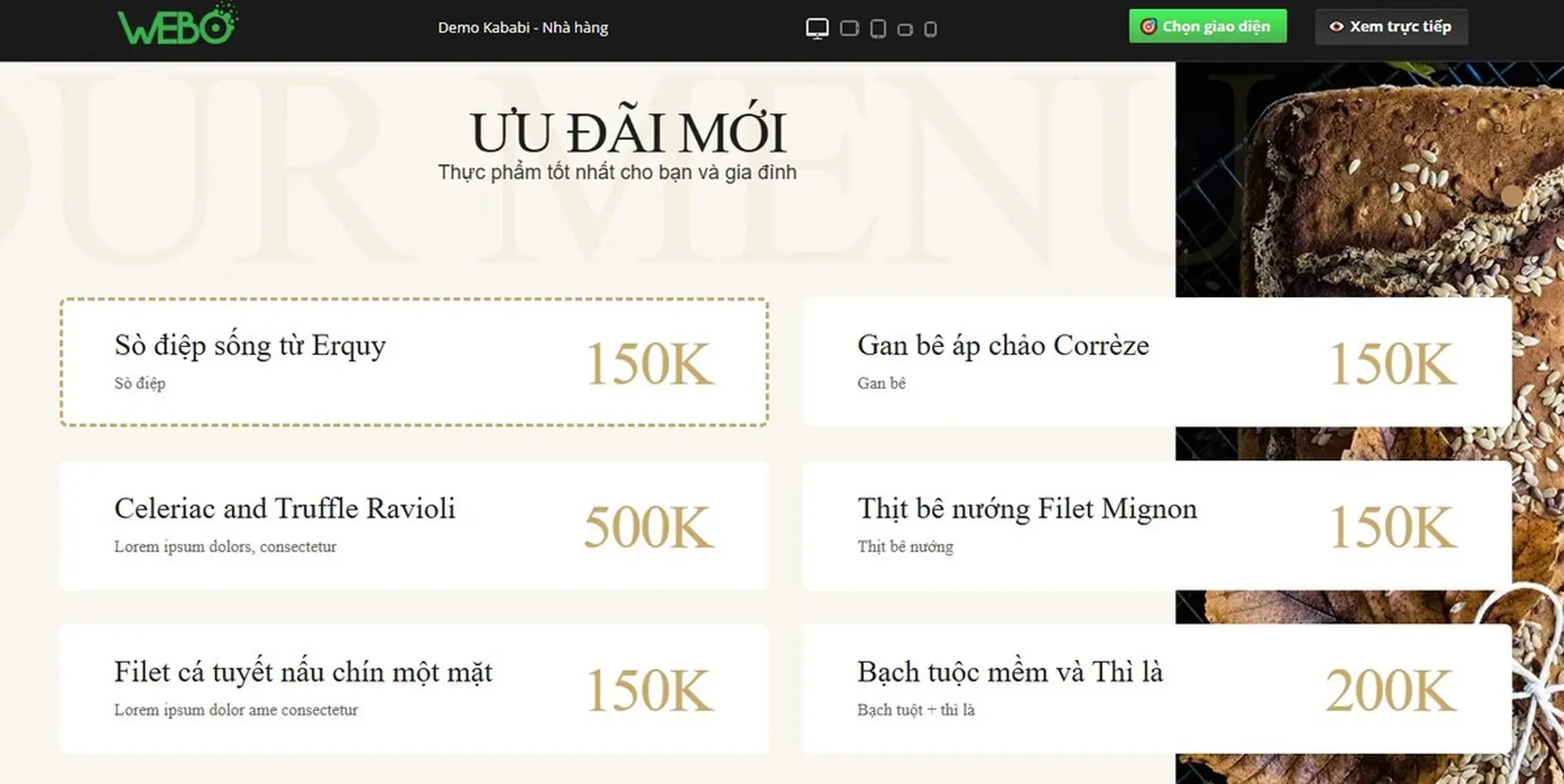 Ví dụ tích hợp sẵn menu mới, ưu đãi mới
